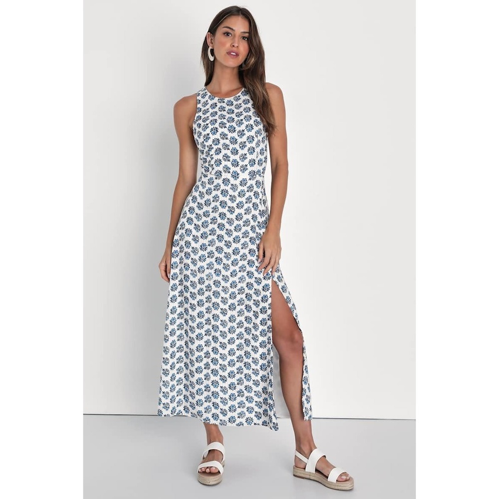 FLAW Lulus Flirty Fave Ivory Floral Print Tie-Back Midi Dress Sleeveless Blue LG - Picture 1 of 11
